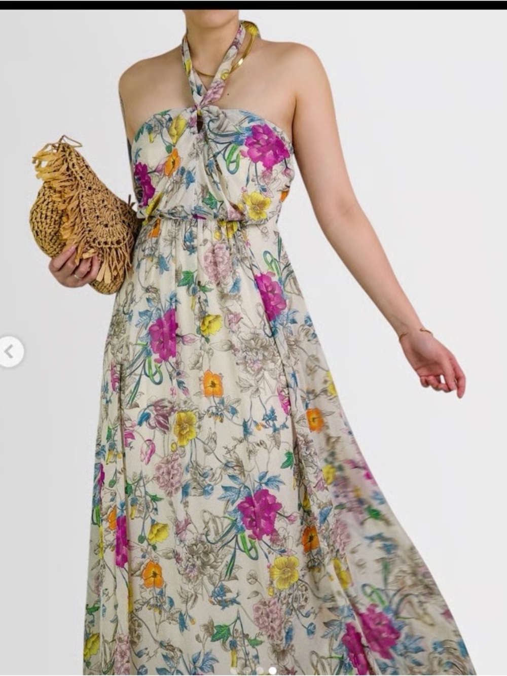 H&M Floral Halter Maxi Dress - Ivory with Pink & Yellow Blooms Size 2